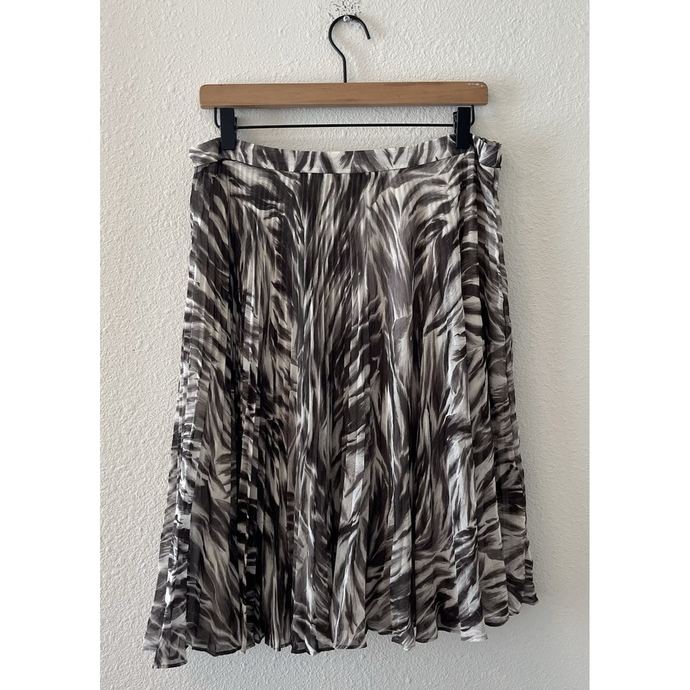 Talbots Women's Midi Skirt Size 10 Black Ivory Print Accordion Sheer Lined Zip - Picture 6 of 15
